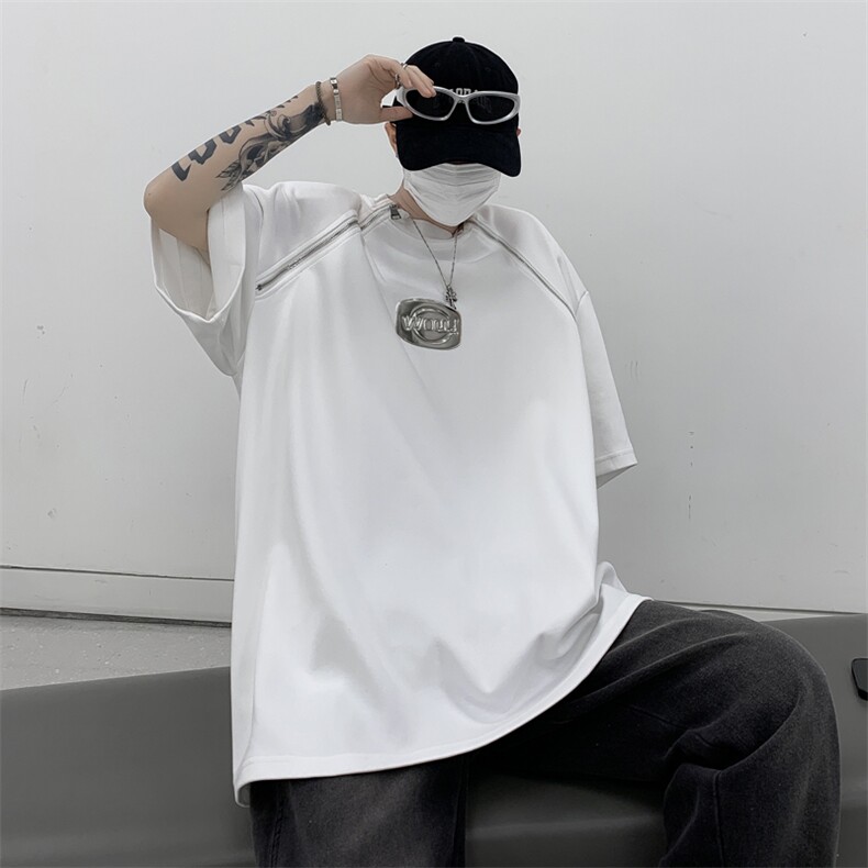 夏季新款港风纯色拉链拼接潮流百搭短袖T035-P35图片