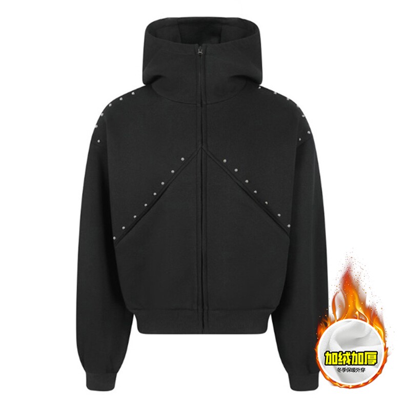 480G重磅加绒硬挺boxy男女秋冬美式高街卫衣铆钉拼接开衫厚外套，女装短外套，电商A486