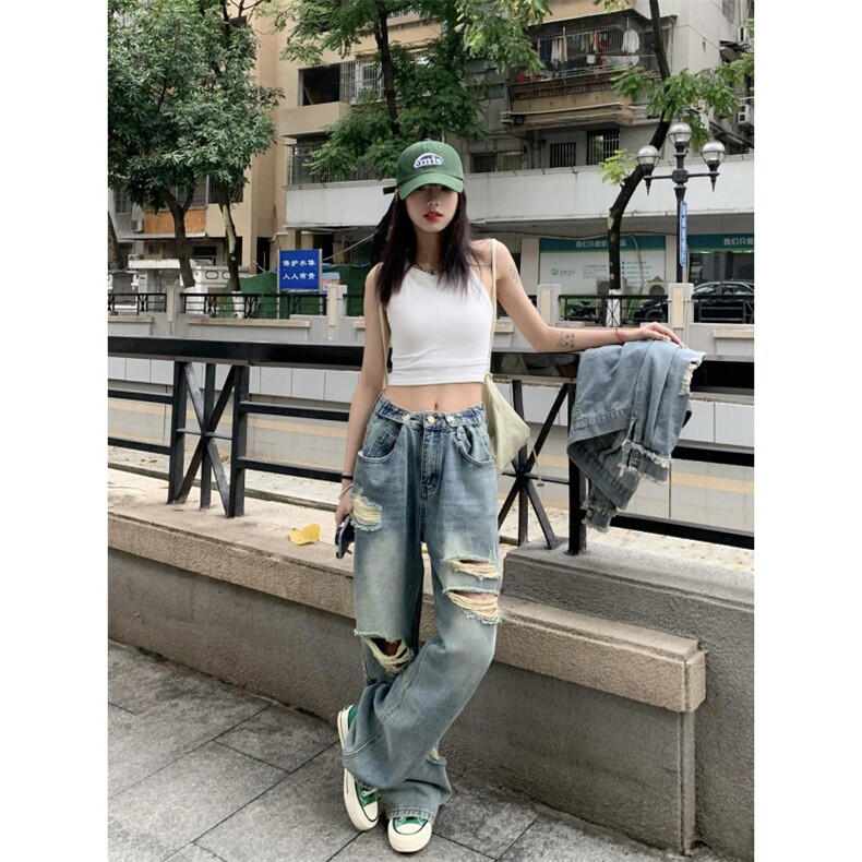 【网图现货】破洞牛仔裤男女夏季薄款宽松阔腿裤子NZP01CC-P45,男装牛仔裤,星座1007（原301D）