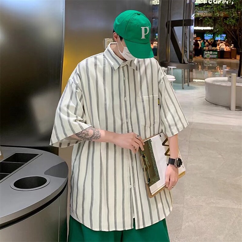 夏季复古条纹短袖衬衫男潮牌街头宽松休闲百搭衬衣外套GC808-P35,男装衬衫,星座1008