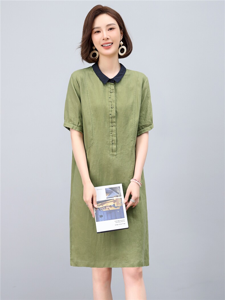 2025年夏季优雅气质天丝亚麻小翻领半开时尚休闲连衣裙,女装连衣裙,依恋蒂丝