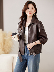 现货】皮衣外套女短款2025秋季新款小个子气质酷飒风复古PU皮夹克，女装皮衣，仁梯