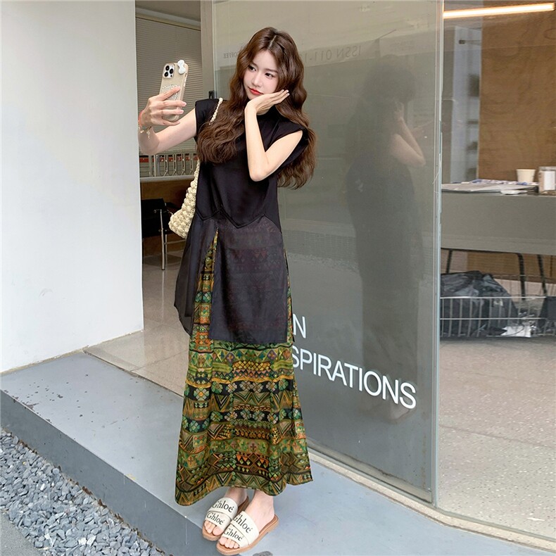 黑色设计感薄纱拼接T恤套装裙女2025夏法式复古印花半身裙两件套,女装套装/套裙,2B237