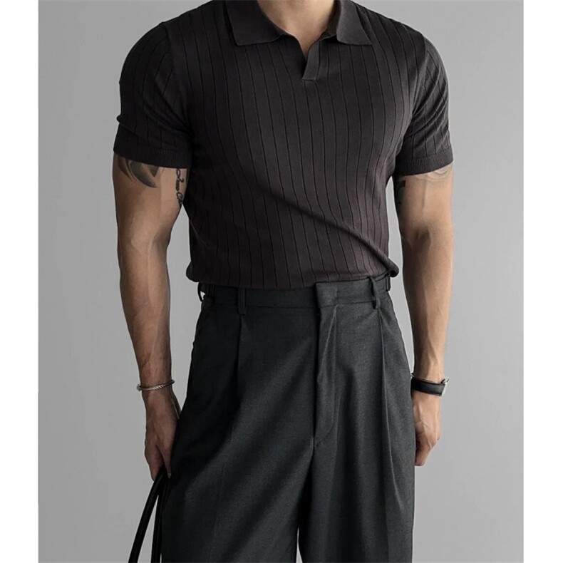 老钱风纯色条纹V领针织男短袖翻领上午冰丝Polo衫PL91/P48,男装Polo衫,电商A243