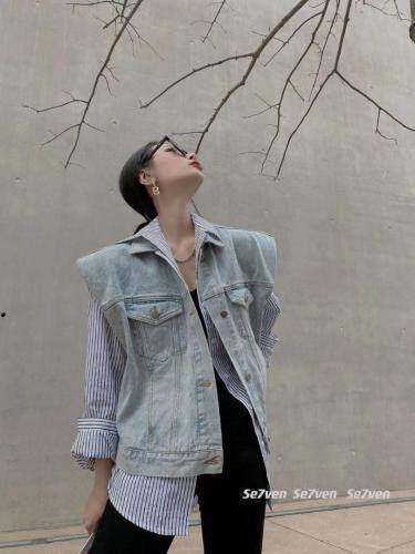 垫肩洋气网红牛仔马甲，女装马夹，777