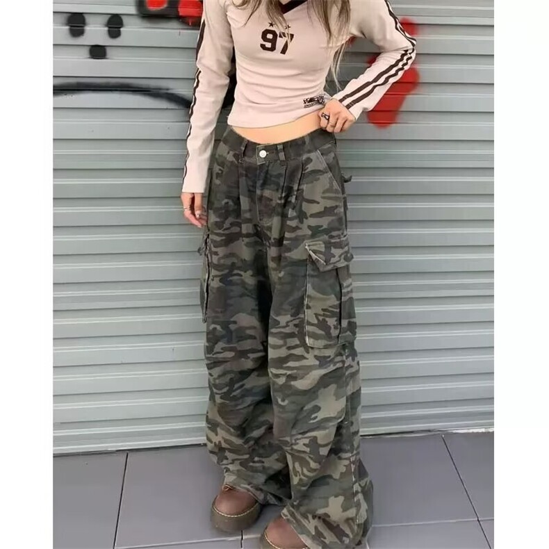 T09-P47美式复古褶皱多口袋迷彩工装牛仔裤女高街潮牌显瘦,男装牛仔裤,电商B323A