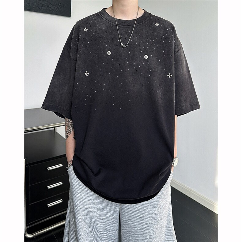 8XL-M满天星轻奢烫钻宽松版落肩纯棉短袖T恤新款夏百搭上衣DX337,男装T恤,电商D206-1