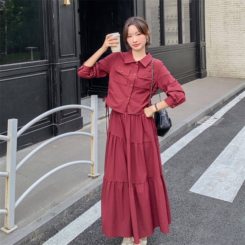 红色衬衫短上衣套装春秋女2025新款复古时髦遮肉显瘦半身裙两件套,女装套装/套裙,2C205