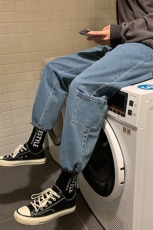 热卖简约牛仔裤多口袋侧袋直筒工装INS束脚裤子T，男装牛仔裤，电商A102B