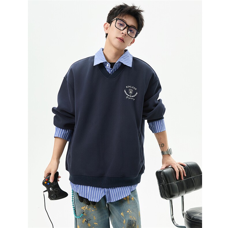 刺绣假两件衬衫领卫衣男套头潮牌外套W601特P60，男装衬衫，电商A073