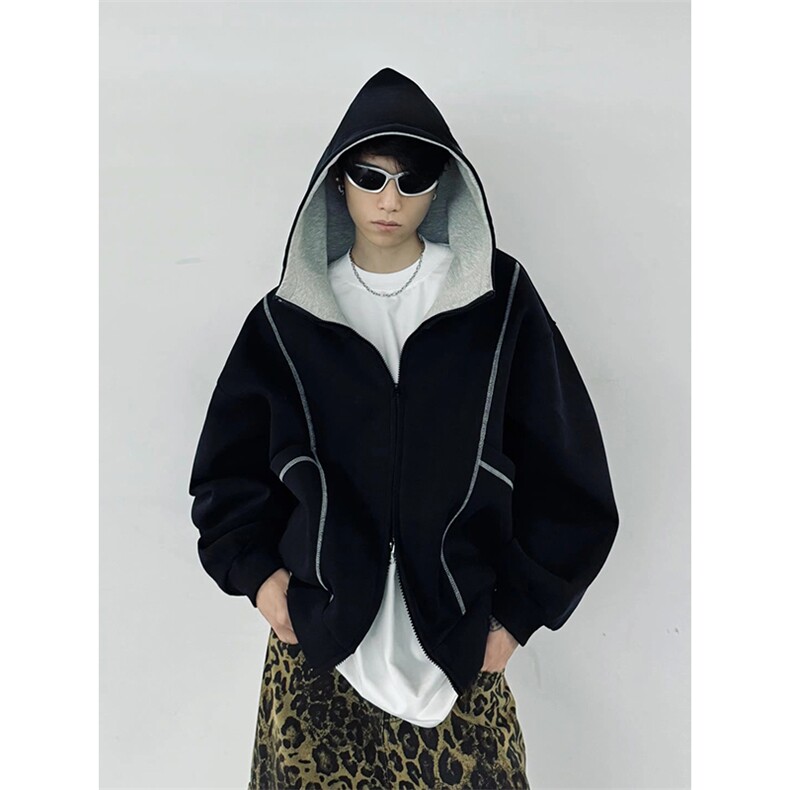 抖音得物高品质秋冬美式高街重磅结构辑明线纹理连帽卫衣外套W111,男装卫衣,电商A486