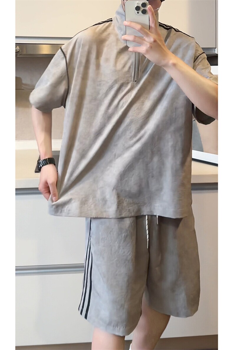 港风可翻立领扎染大码M-5XL肩部拼接条纹运动套装TZ78177P65控98,男装休闲套装,星座226-1