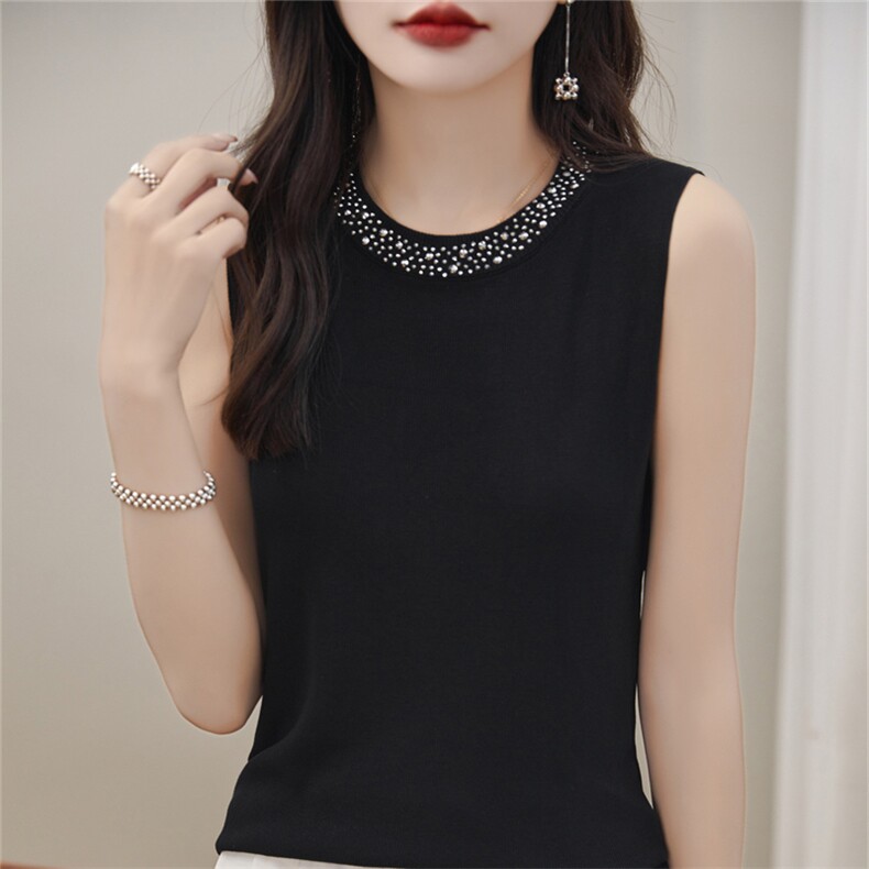 冰丝薄无袖吊带背心女圆领镶钻内搭打底上衣修身百搭纯色针织衫，女装背心吊带，暖姿羊绒