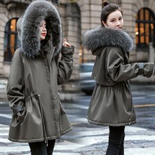 棉衣/棉服2021新款冬仿羊羔毛中长款工装带帽派克服女外套配毛领，女装派克服，瑶迪依秀