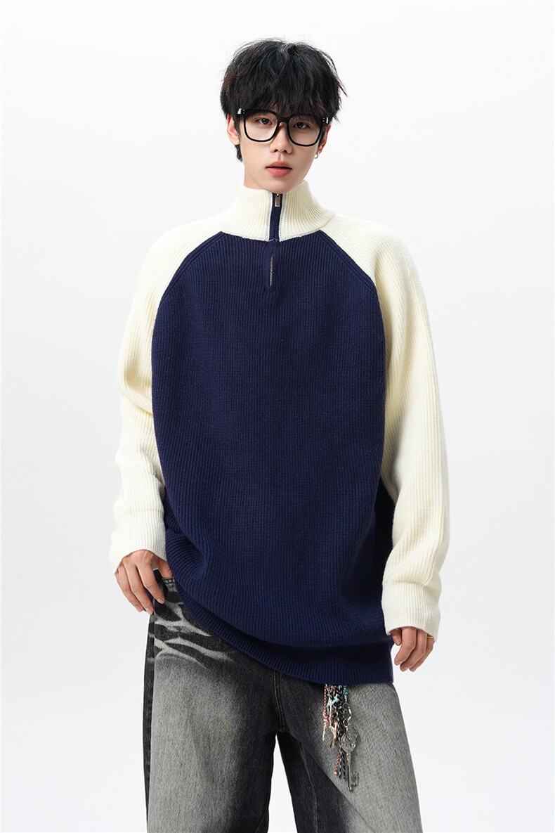 8XL-M半拉链立领毛衣外套男针织衫慵懒拼接插肩袖线衣MY19001P78,男装针织衫/毛衣,电商B312
