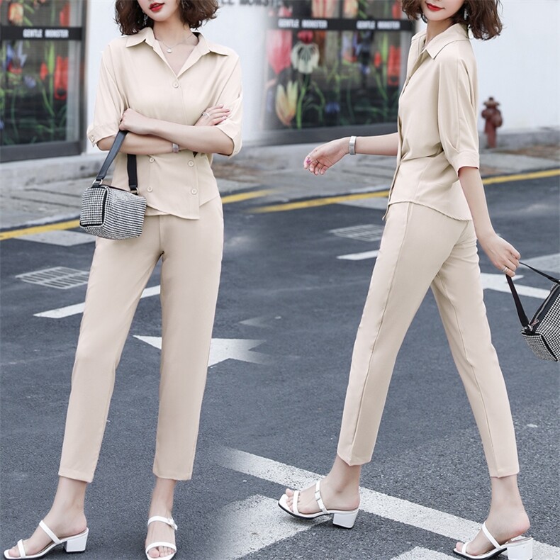 特价套装时尚小众欧洲站春季2023年女装新款欧货衬衫长裤两件套,女装套装/套裙,美吧服饰
