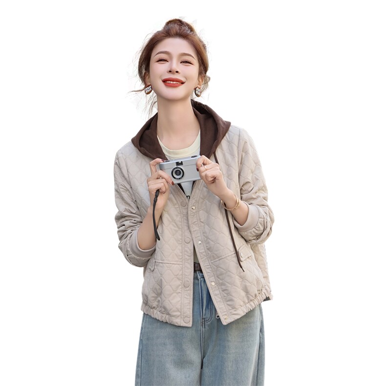 撞色拼接连帽休闲外套女2026春秋新款洋气减龄小香风菱格夹克上衣,女装短外套,余墨