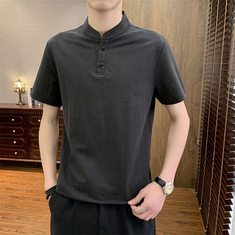2025夏季棉麻透气清凉男士风盘扣短袖休闲T恤上衣XF9805-P50,男装T恤,星座1105-3