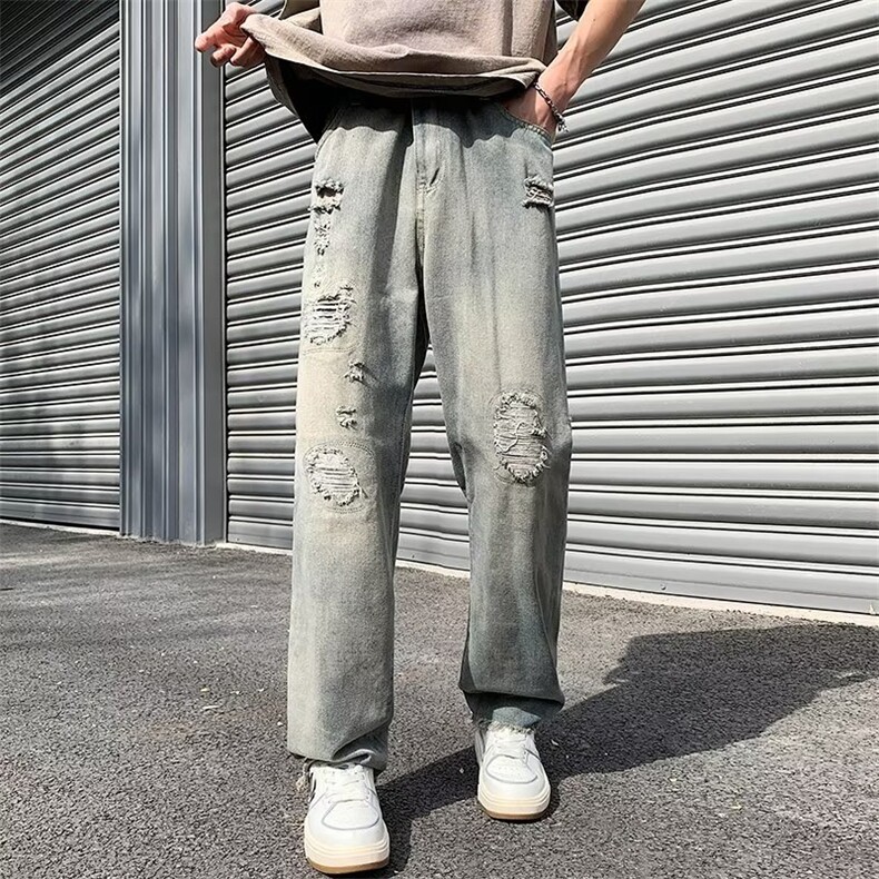 美式vibe风裤子高街潮牌黄泥染水洗破洞牛仔裤男复古街头阔腿长裤图片
