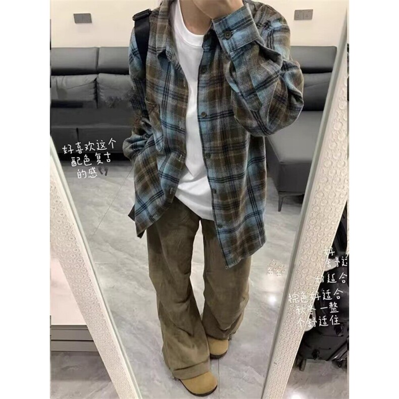 新款美式复古格子衬衫男长袖潮牌男女慵懒衬衣外套春秋L30199-p37图片