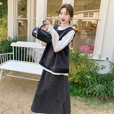 高级感马甲背心花边领泡泡袖衬衫三件套女春季高腰韩系大摆裙套装，女装套装/套裙，维壹