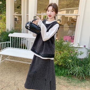高级感马甲背心花边领泡泡袖衬衫三件套女春季高腰韩系大摆裙套装图片