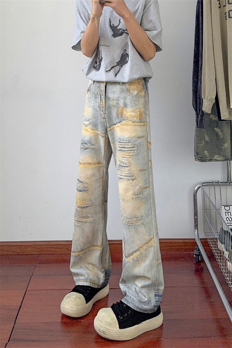 B221美式ins高街暗黑宽松直筒3D印花牛仔裤LK25441-特P50控88,男装牛仔裤,电商B221