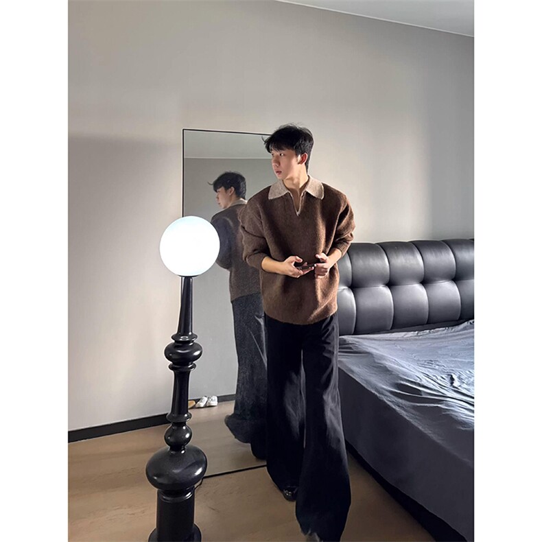 重磅北极绒假两件衬衫领毛衣美式高街复古休闲慵懒纯色翻领针织衫图片