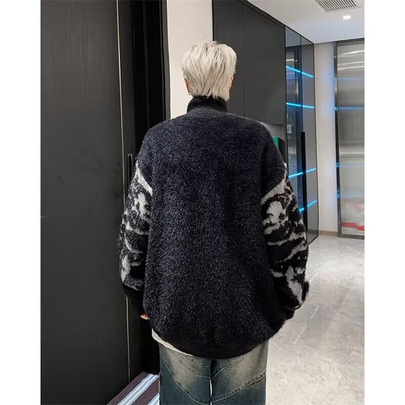 美式水貂绒黑色高领毛衣外套男秋冬季美拉德慵懒软糯针织开衫X052,男装针织衫/毛衣,星座506
