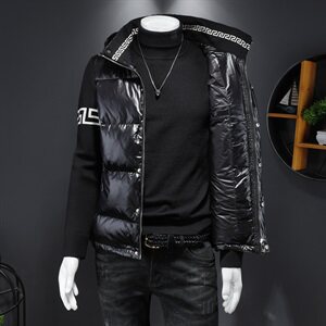 8006 冬季新款男士连帽外套拼接保暖白鸭绒羽绒服图片