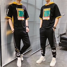 夏季薄款潮流运动休闲两件套印花短袖T恤九分裤套装男TZ230，男装T恤，电商A441
