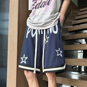 美式复古星星字母印花短裤潮牌高街宽松男女情侣D1062-P35图片