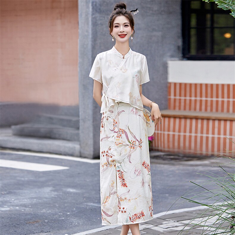 现货新中式套装女新款夏季气质时尚绝美改良旗袍两件套,女装套装/套裙,韩美纤衣
