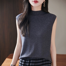 半高圆领新款针织吊带女无袖纯色背心简约百搭宽松套头上衣内，女装针织衫/毛衣，丹芙娇羊绒