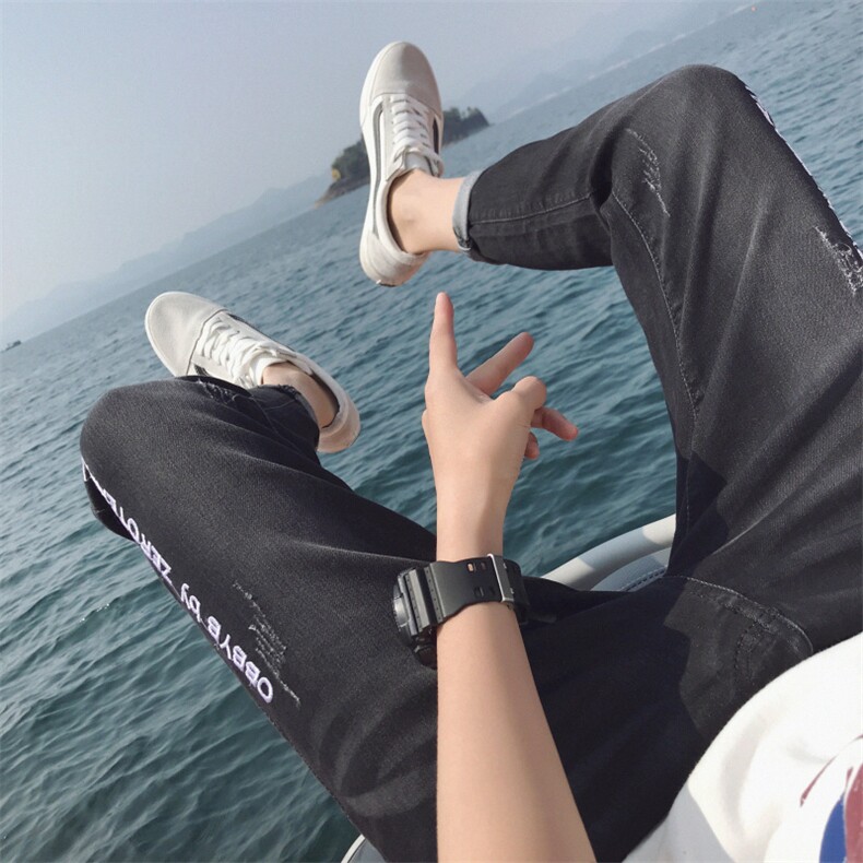 九分牛仔裤男9分裤韩版潮流九分裤修身秋季破洞小脚裤帅气图片