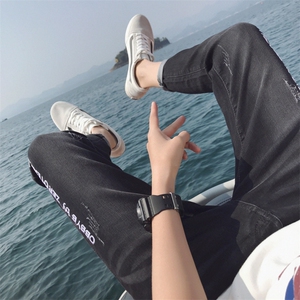 九分牛仔裤男9分裤韩版潮流九分裤修身秋季破洞小脚裤帅气图片