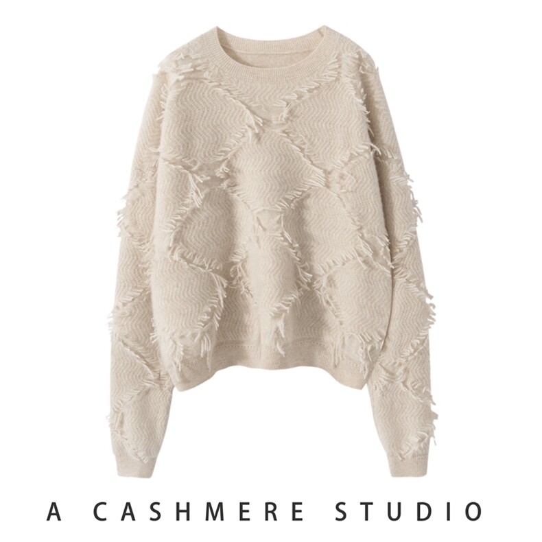 2025春秋新款羊绒衫女100纯山羊绒宽松保暖针织套衫圆领纯色上衣，女装羊绒衫，戎叶云台