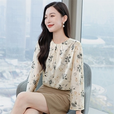 粉色印花高级春装新款真丝衬衫女洋气真丝套头圆领长袖上衣，女装衬衫，阿舍尔精品