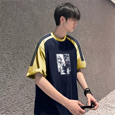 抖音得物品质二开240克宽松纯棉美式潮牌插肩三杠织带短袖T恤，男装T恤，电商A486