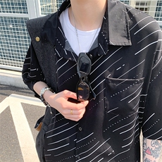 EQ407港风条纹夏季短袖衬衫男宽松版型冰丝衬衣P40，男装衬衫，电商C306-1