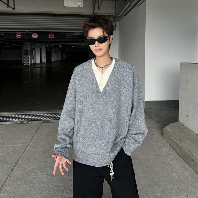 深灰色假两件V领毛衣男款秋冬美式覆古针织衫老钱风慵懒开衫外套,男装针织衫/毛衣,星座601-1