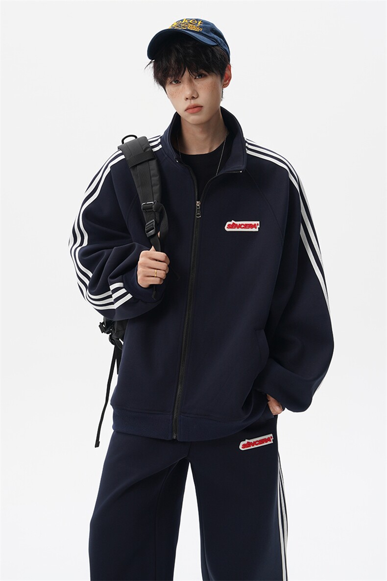 8XL-M条纹撞色开衫新年红卫衣运动套装潮牌运动服校园风TZ114P118,男装休闲套装,电商D206-1