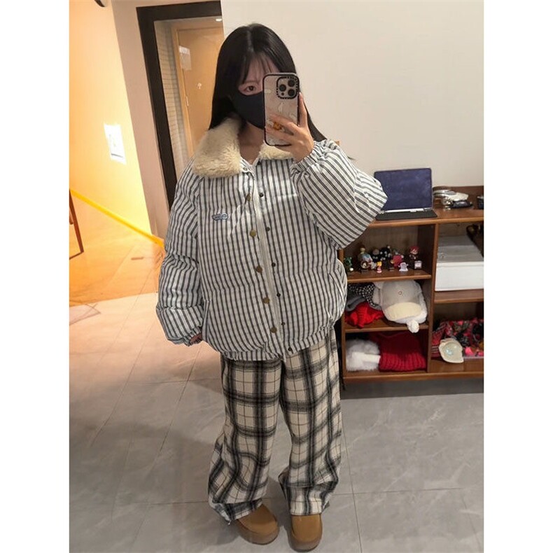 韩版复古条纹翻领棉服外套女学生冬季美式加厚简约保暖面包服棉衣,男装棉衣,星座506A