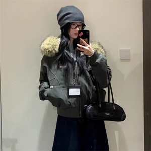 美式复古座山雕加绒棉服外套男女冬季毛领连帽短款情侣棉衣图片