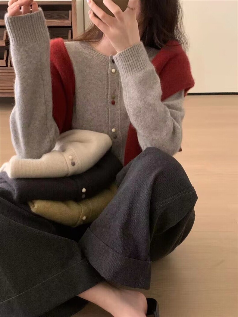 2025新款红色开衫女美丽诺羊毛衫女欧货高端圆领针织毛衣外套,女装羊毛衫,隆格羊绒