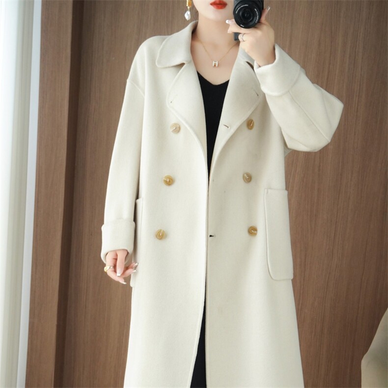 秋冬季羊毛时尚休闲两排三扣经典V领带口袋中长款大衣，女装双面呢大衣，泰公羊绒