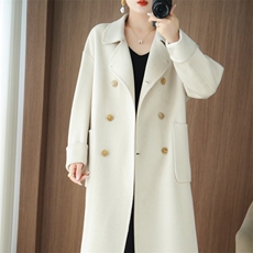 秋冬季羊毛时尚休闲两排三扣经典V领带口袋中长款大衣，女装双面呢大衣，泰公羊绒