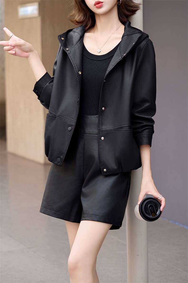 仿真皮皮衣女2024新款秋带帽休闲小个子海宁仿绵羊皮夹克外套短款,女装皮衣,美拉德工厂直营店