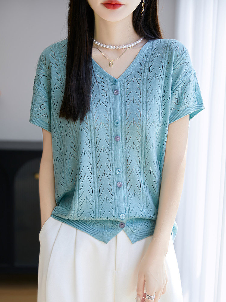 短袖其他常规2025年夏季V领夏季开衫女夏季新款高级感,女装T恤,暖圣羊羊绒