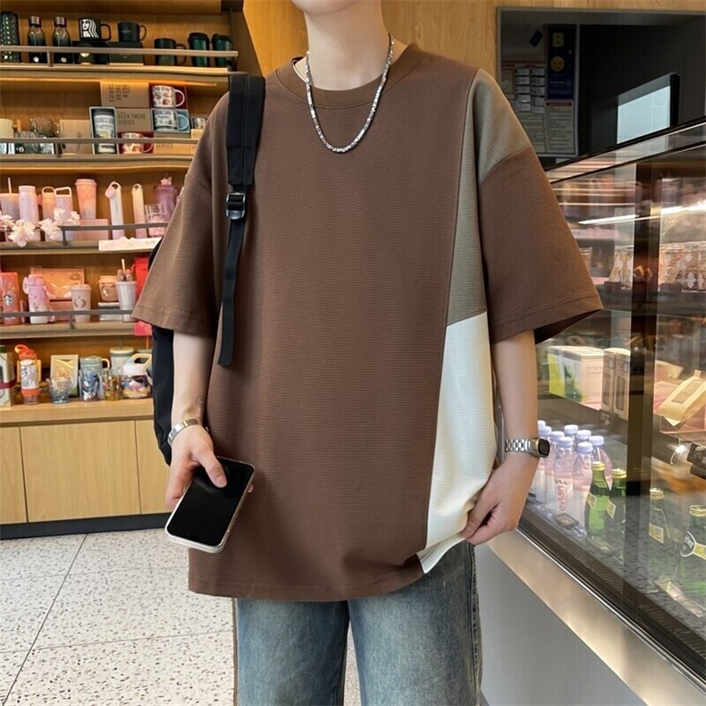85165-P55撞色拼接短袖打底衫痞帅圆领短袖t恤男青少年重磅潮牌,男装T恤,电商D310B